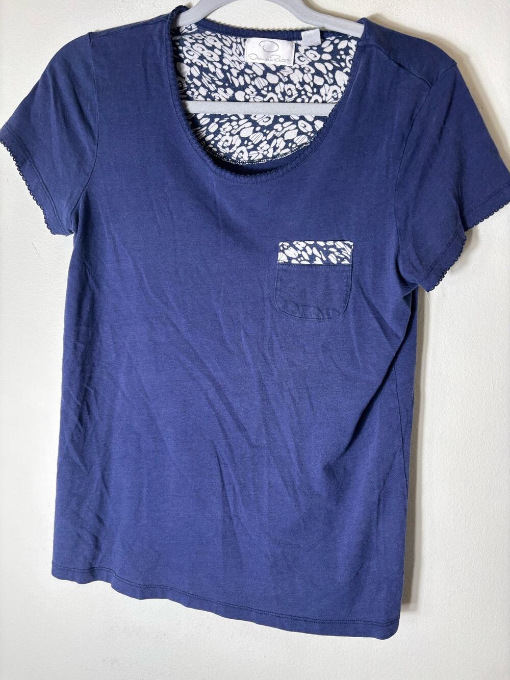 Oscar de la Renta Navy Blue Short Sleeve Cotton T-Shirt Sz S